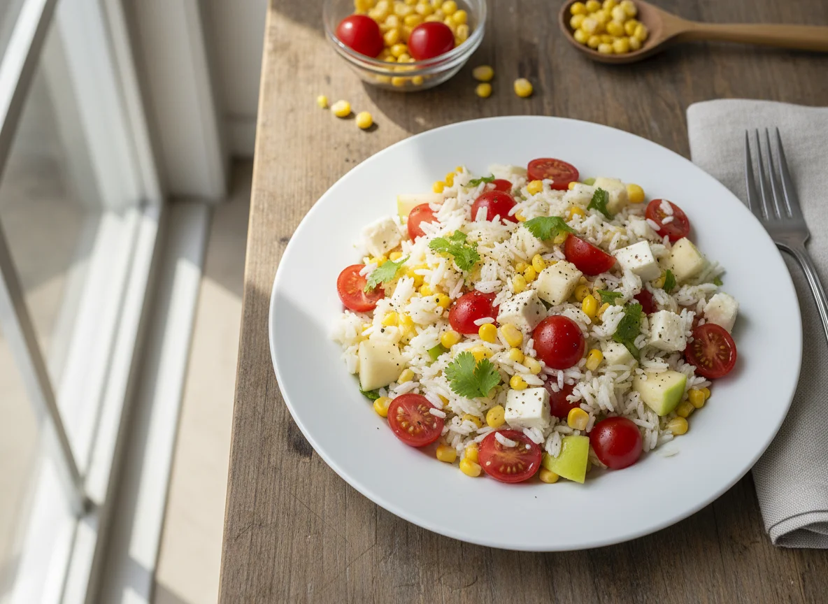 Ensalada de arroz con tomate, maíz, manzana y queso photo