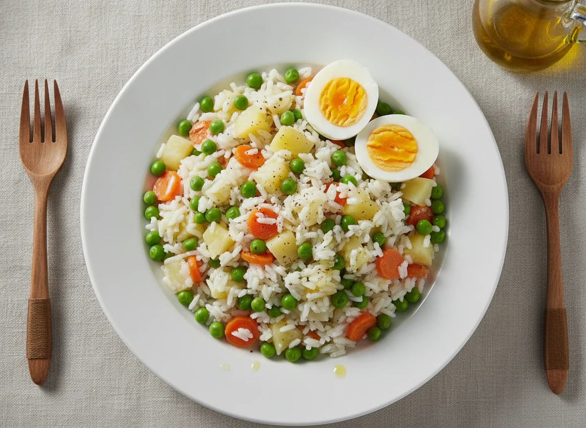 Ensalada de arroz con vegetales y huevo photo