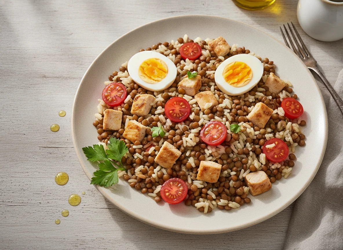 Ensalada de arroz, lentejas, pollo, cherry y huevo photo