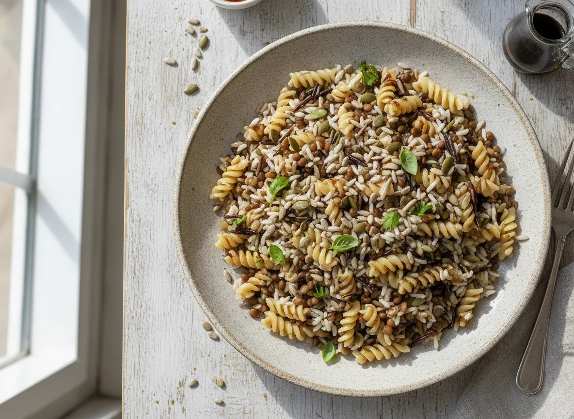 Ensalada de arroz salvaje y pasta con vinagreta photo