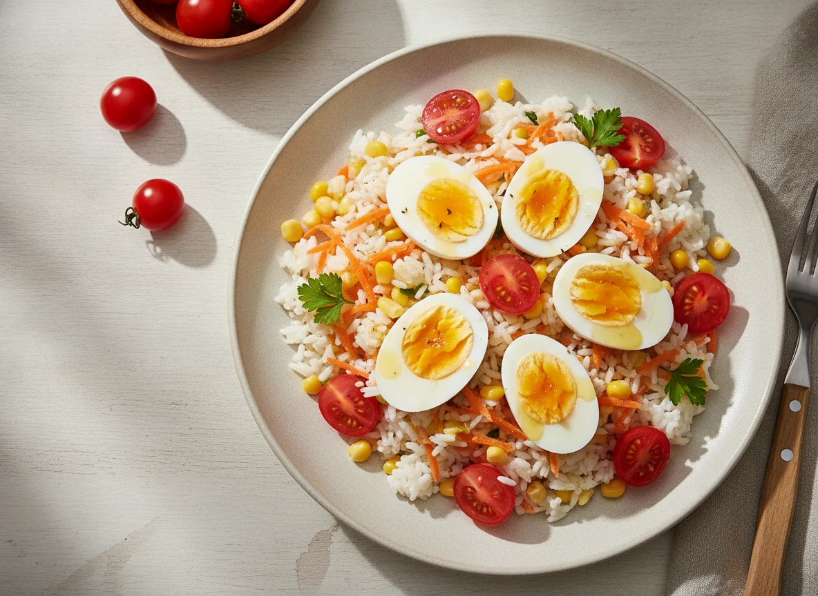 Ensalada de arroz, zanahoria, choclo y tomate photo