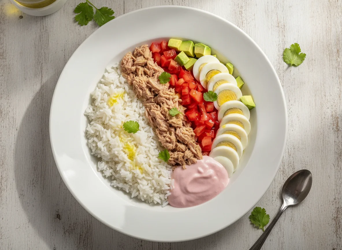 Ensalada de atún, arroz, tomate, palta y huevo con yogur photo
