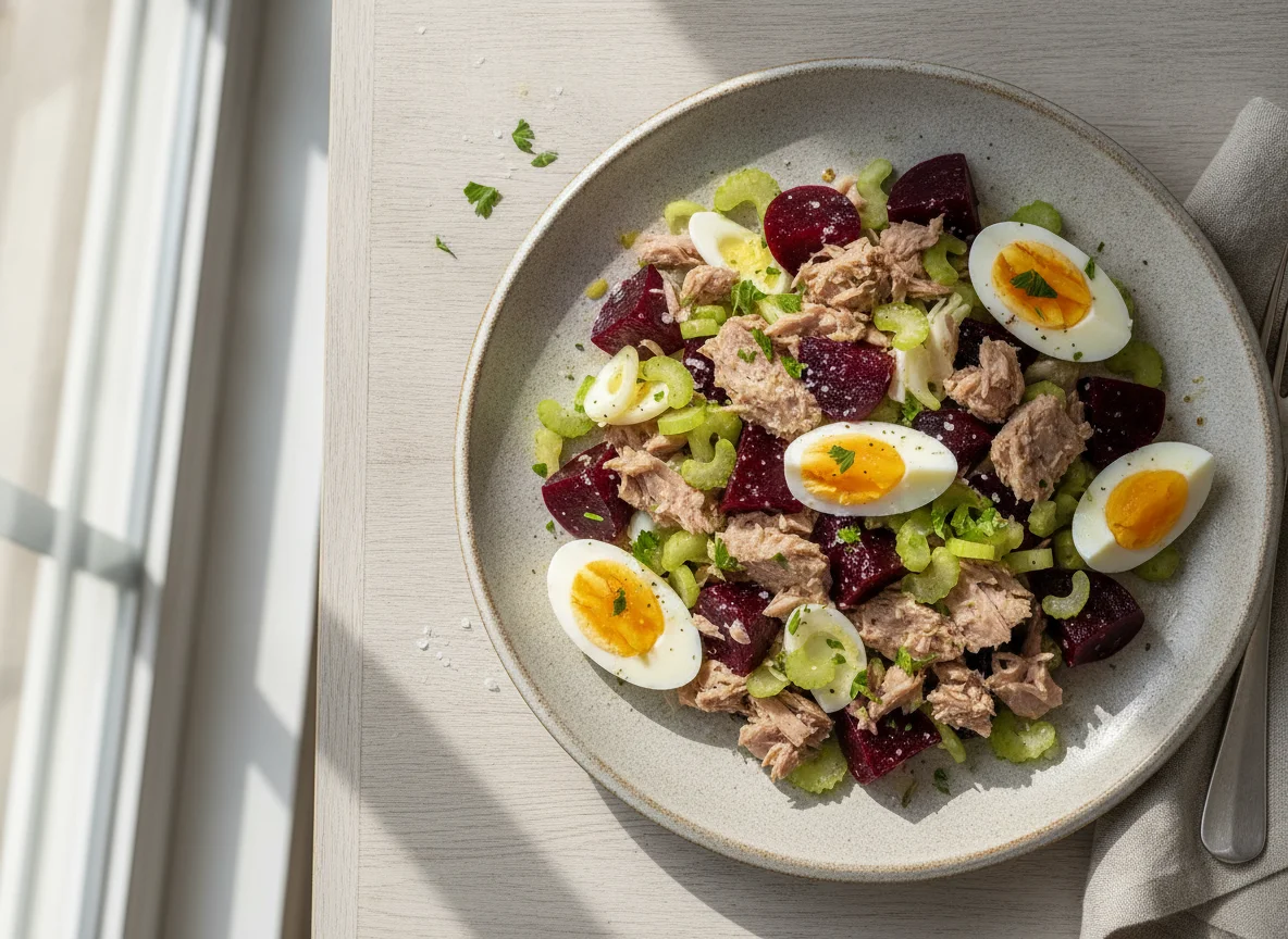Ensalada de atún, betarraga y huevo photo