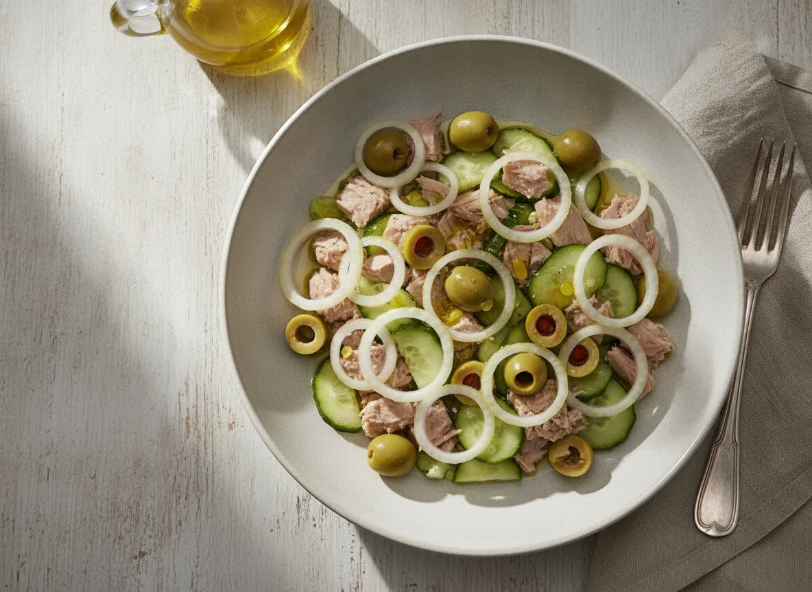 Ensalada de atún con aceitunas y cebolla photo