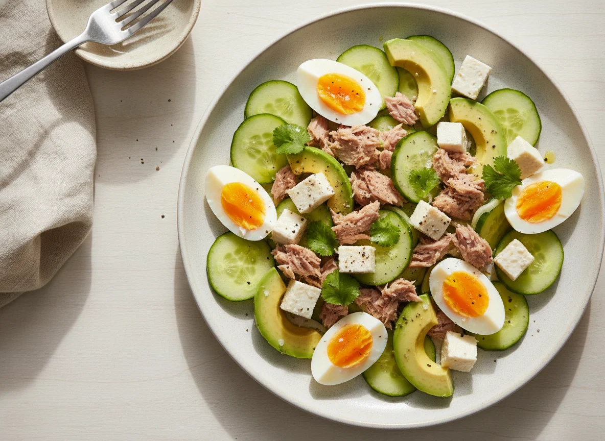 Ensalada de atún con aguacate, pepino y queso photo