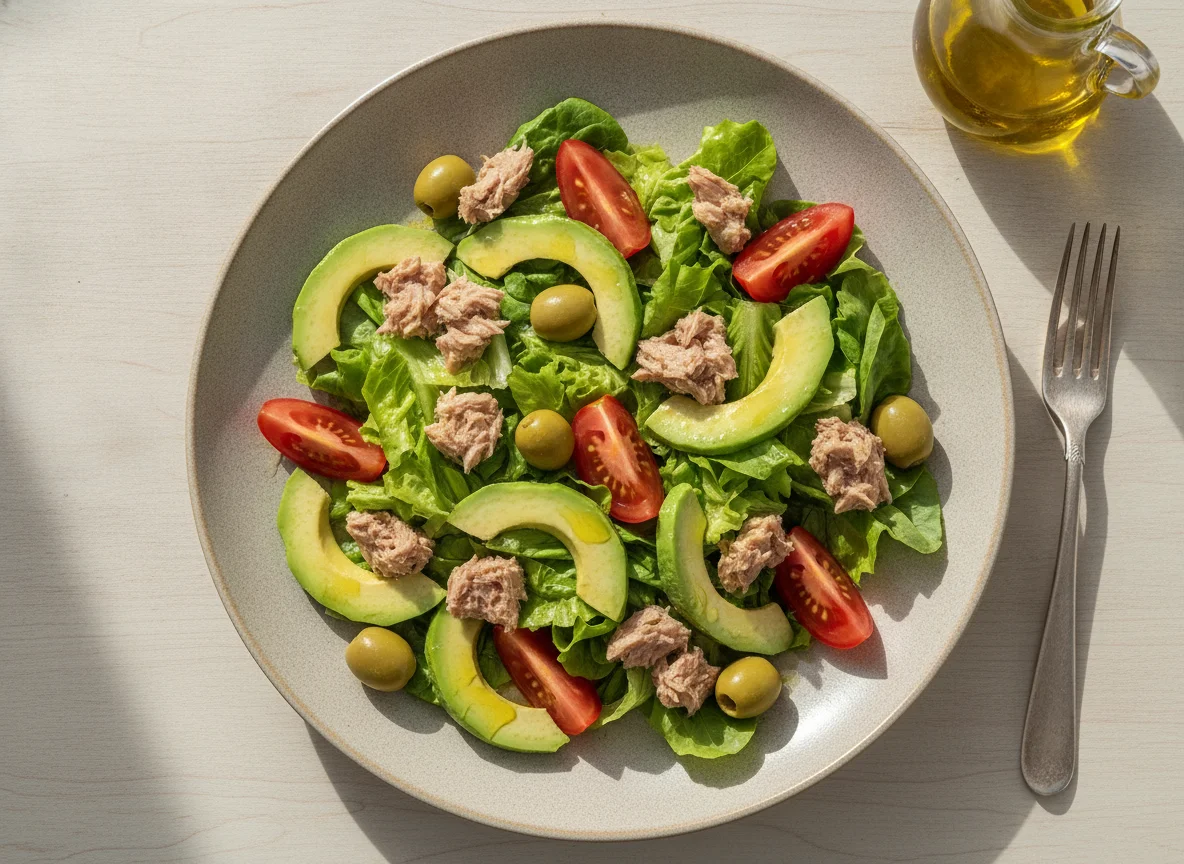 Ensalada de atún con aguacate y aceitunas photo