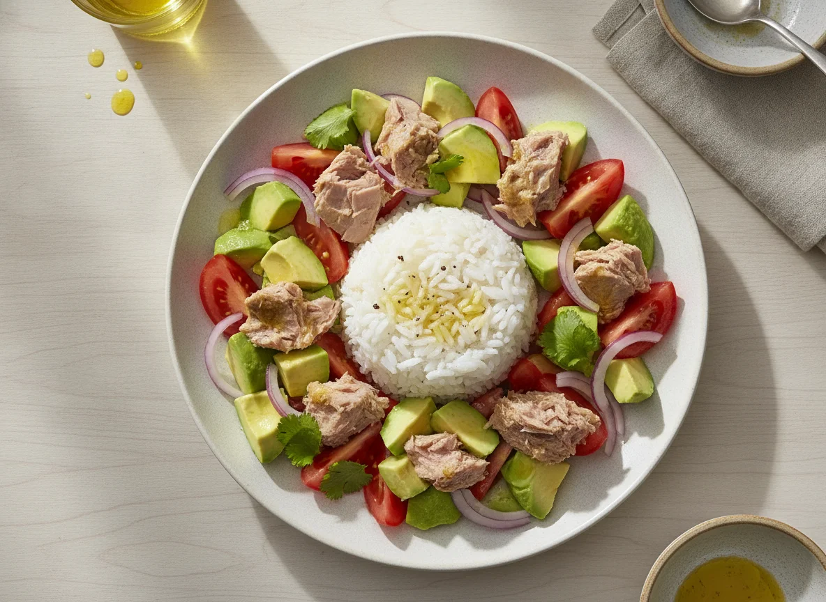 Ensalada de atún con aguacate y arroz blanco photo