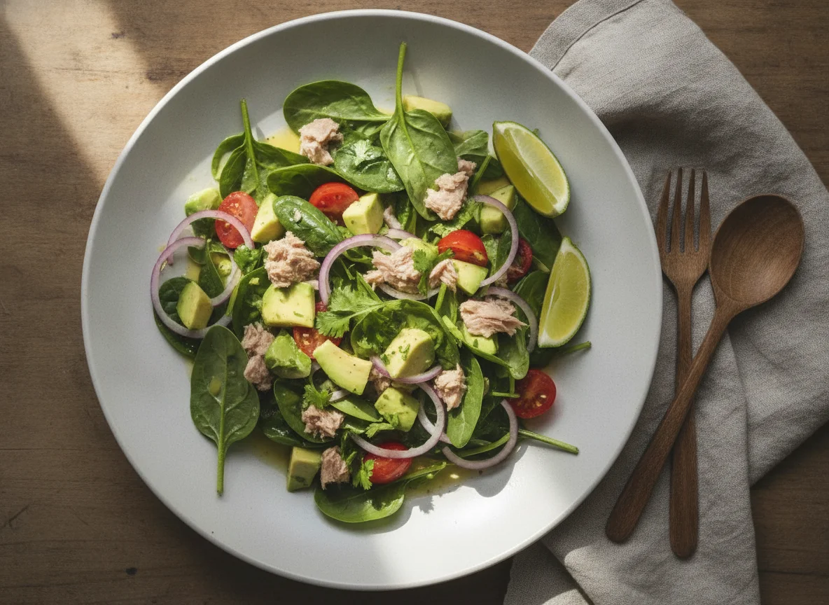 Ensalada de atún con aguacate y espinacas photo