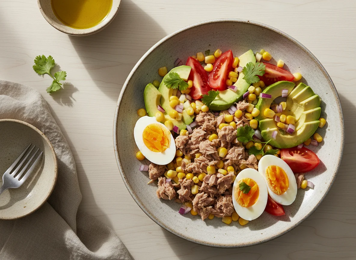 Ensalada de atún con aguacate y huevo photo