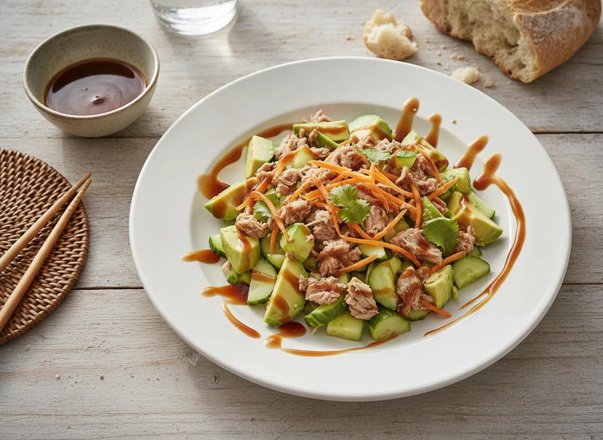 Ensalada de atún con aguacate y salsa de soya dulce photo