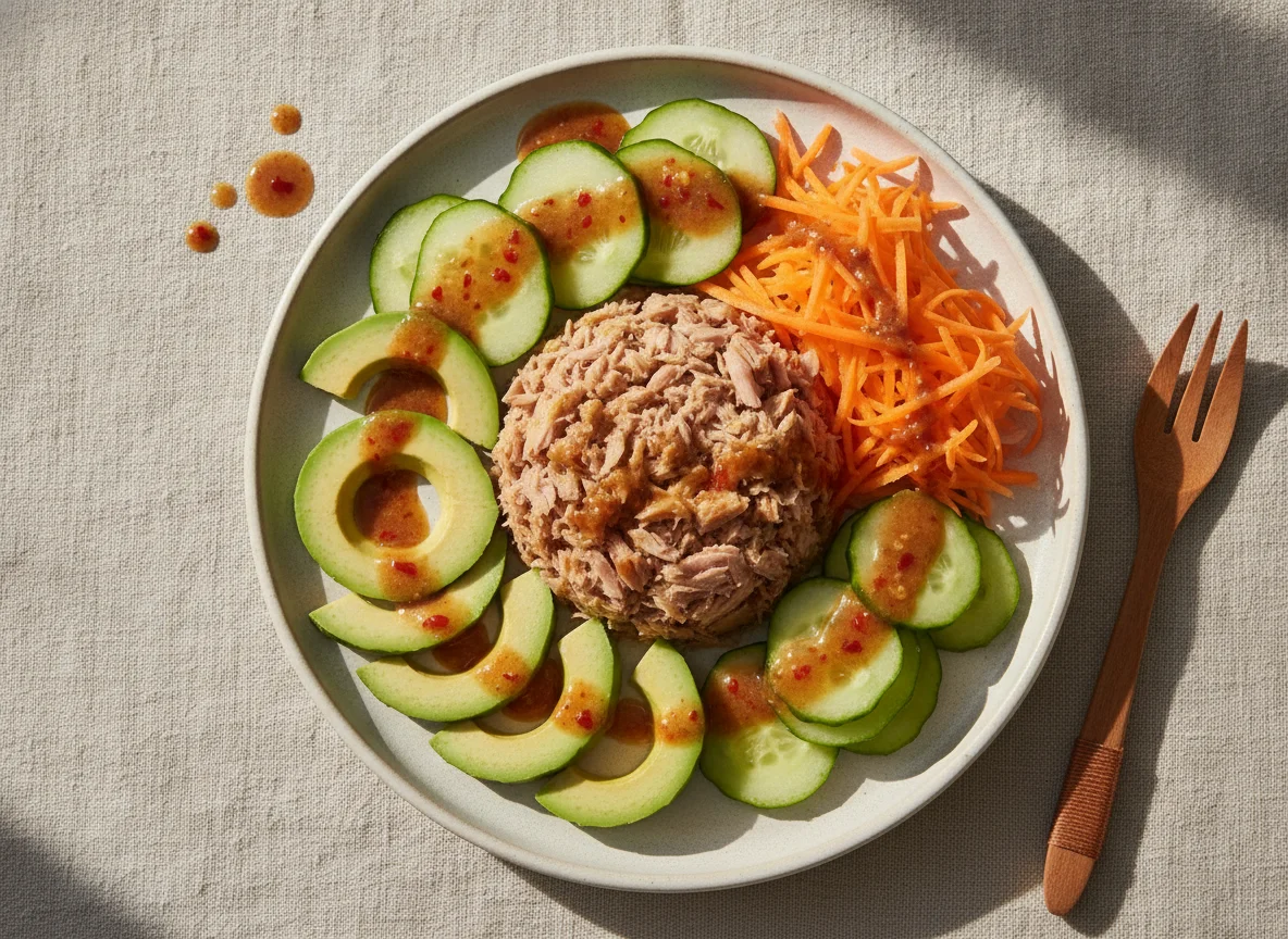 Ensalada de atún con aguacate y salsa de soya picante photo