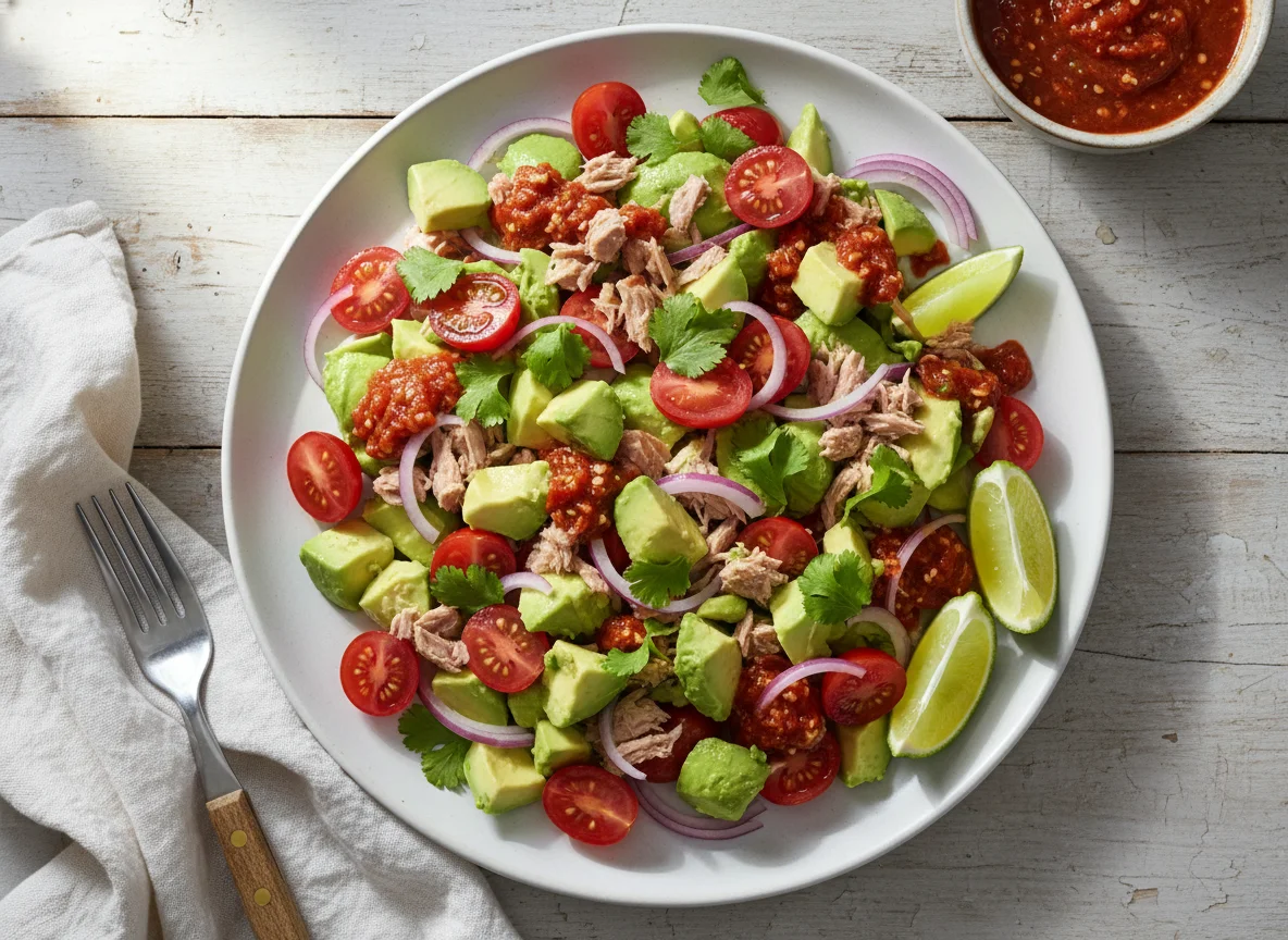 Ensalada de atún con aguacate y salsa photo