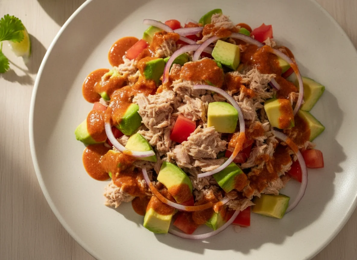 Ensalada de atún con aguacate y salsa roja photo