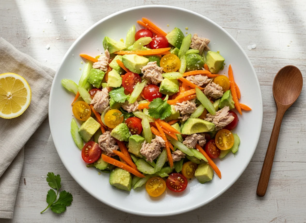 Ensalada de atún con aguacate y vegetales photo