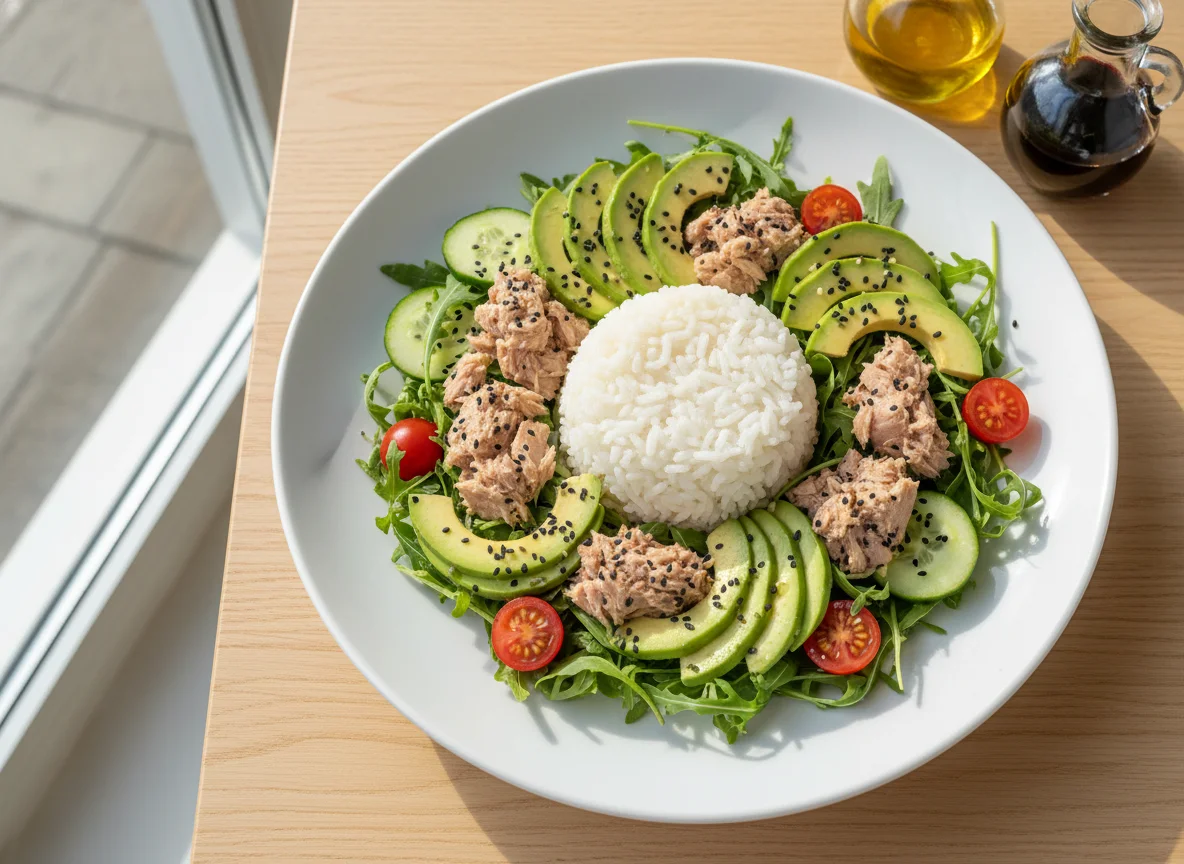 Ensalada de atún con arroz y aguacate photo