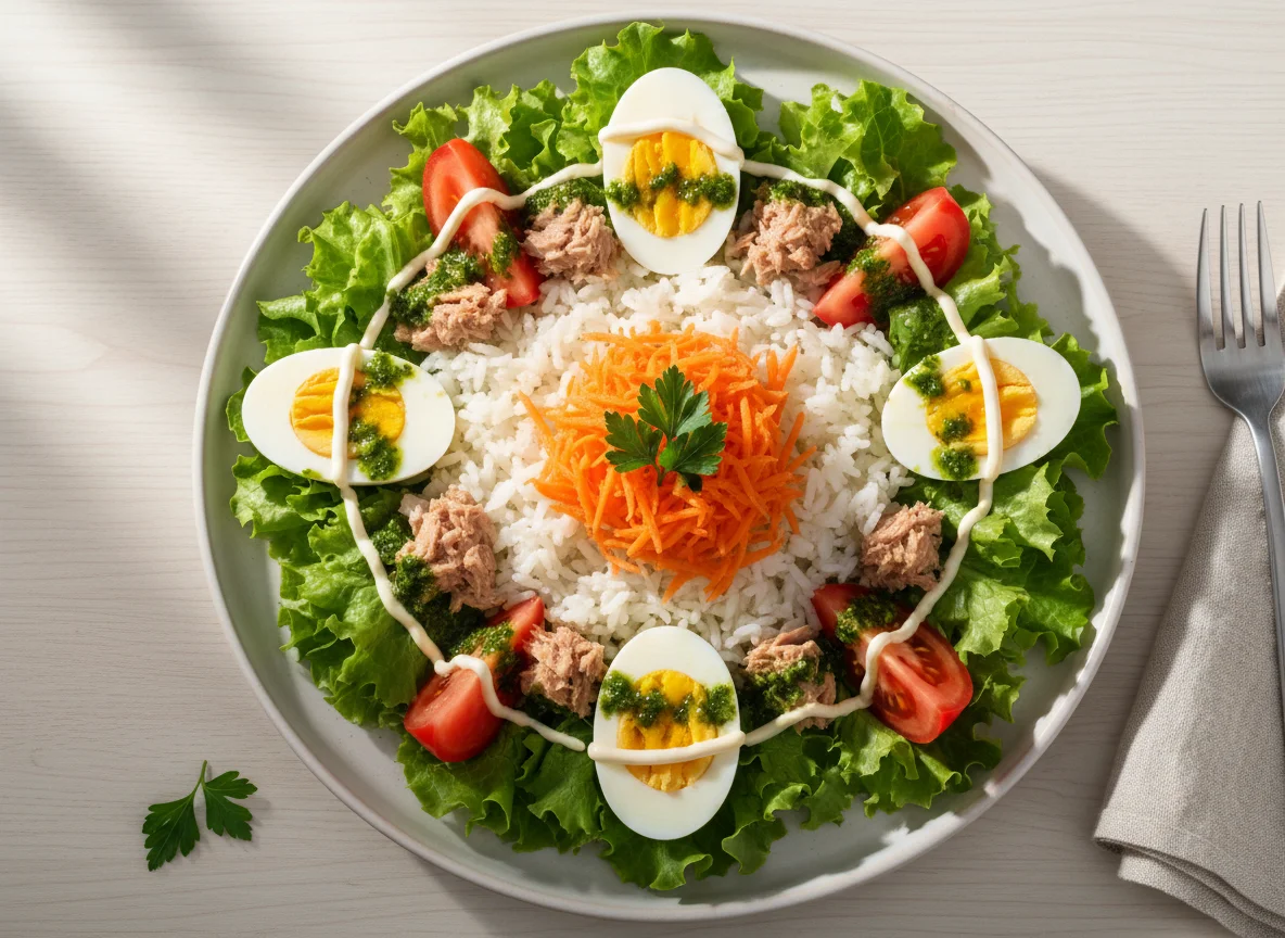 Ensalada de atún con arroz y huevo photo