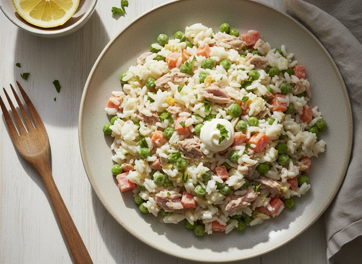 Ensalada de atún con arroz y vegetales photo