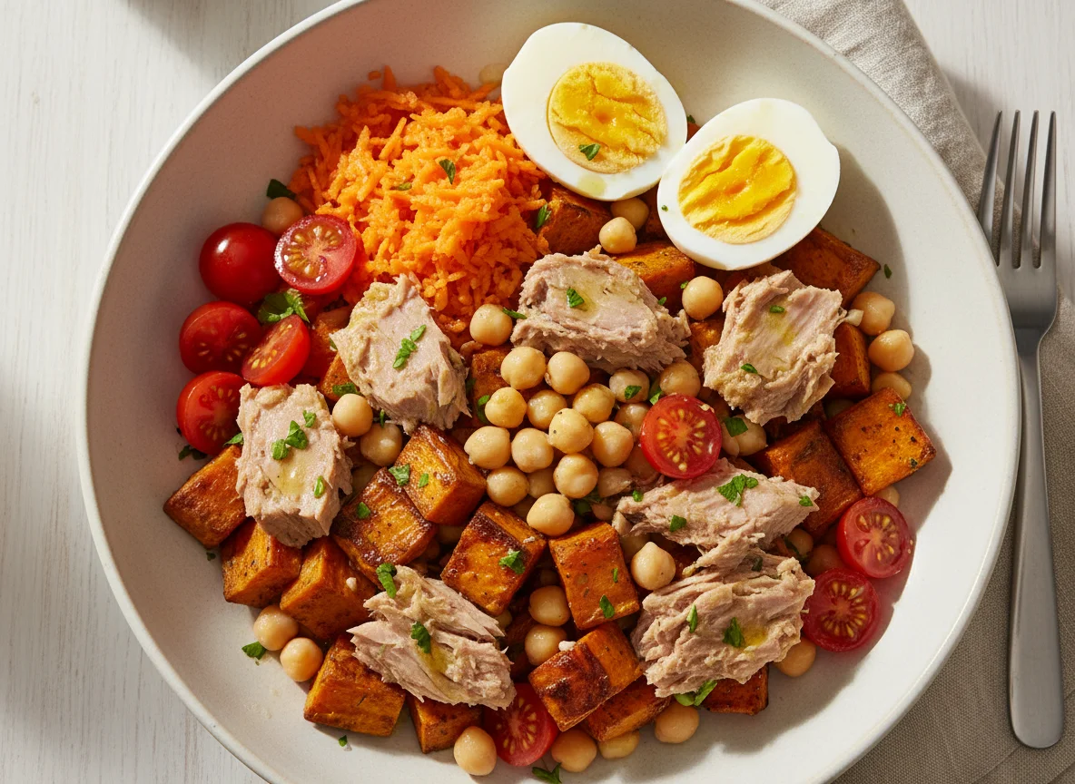 Ensalada de atún con batata y huevo photo