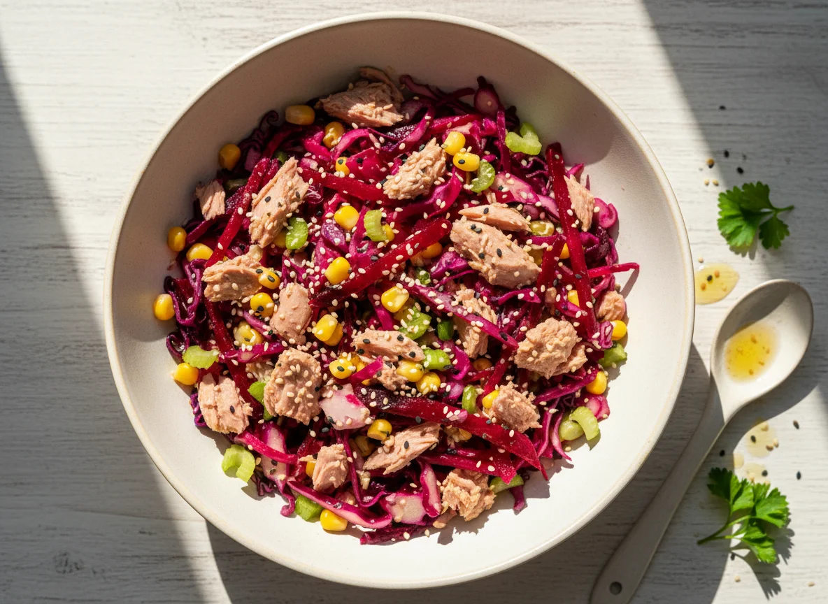 Ensalada de atún con betarraga y repollo morado photo