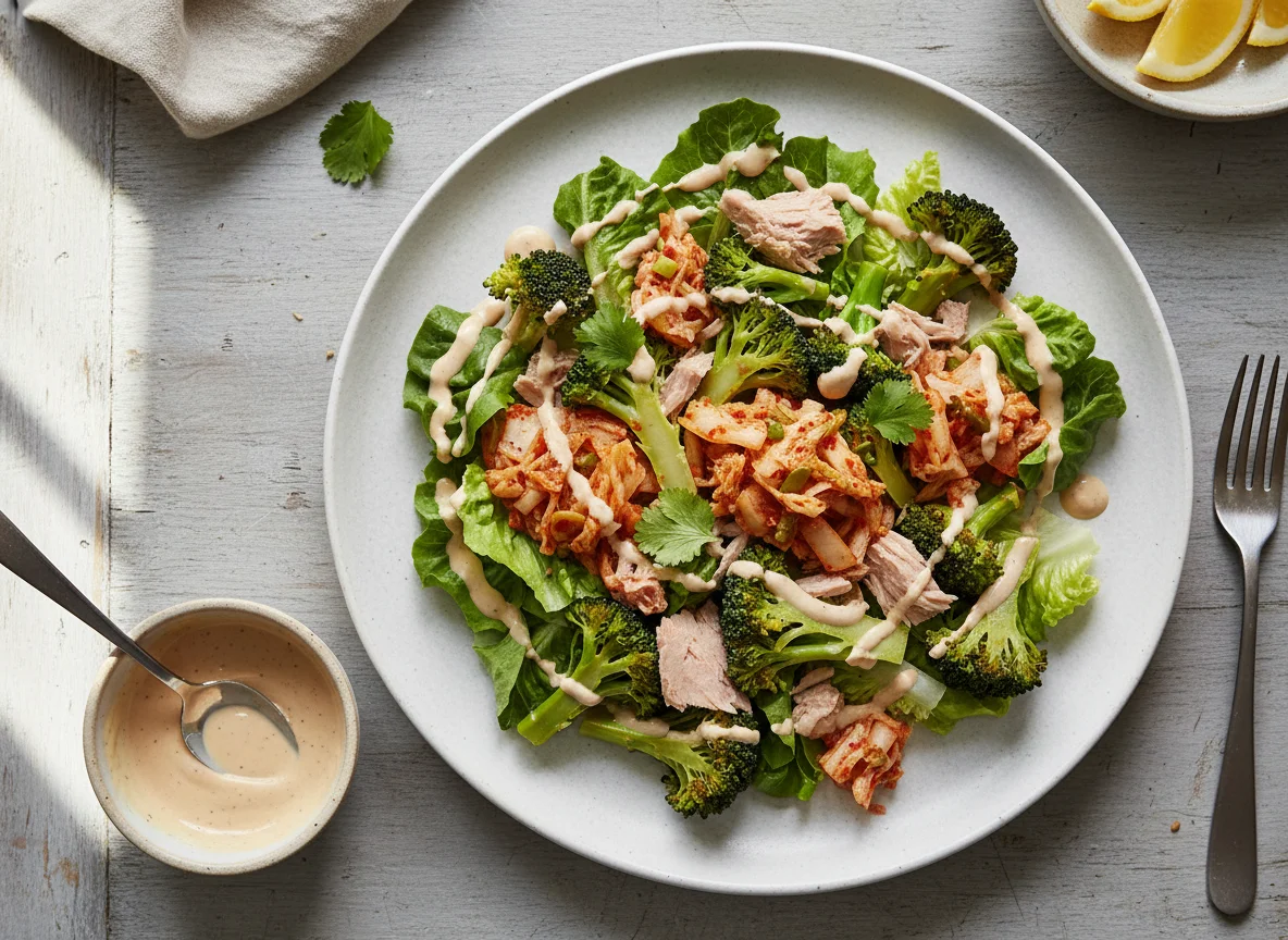 Ensalada de atún con brócoli y kimchi photo