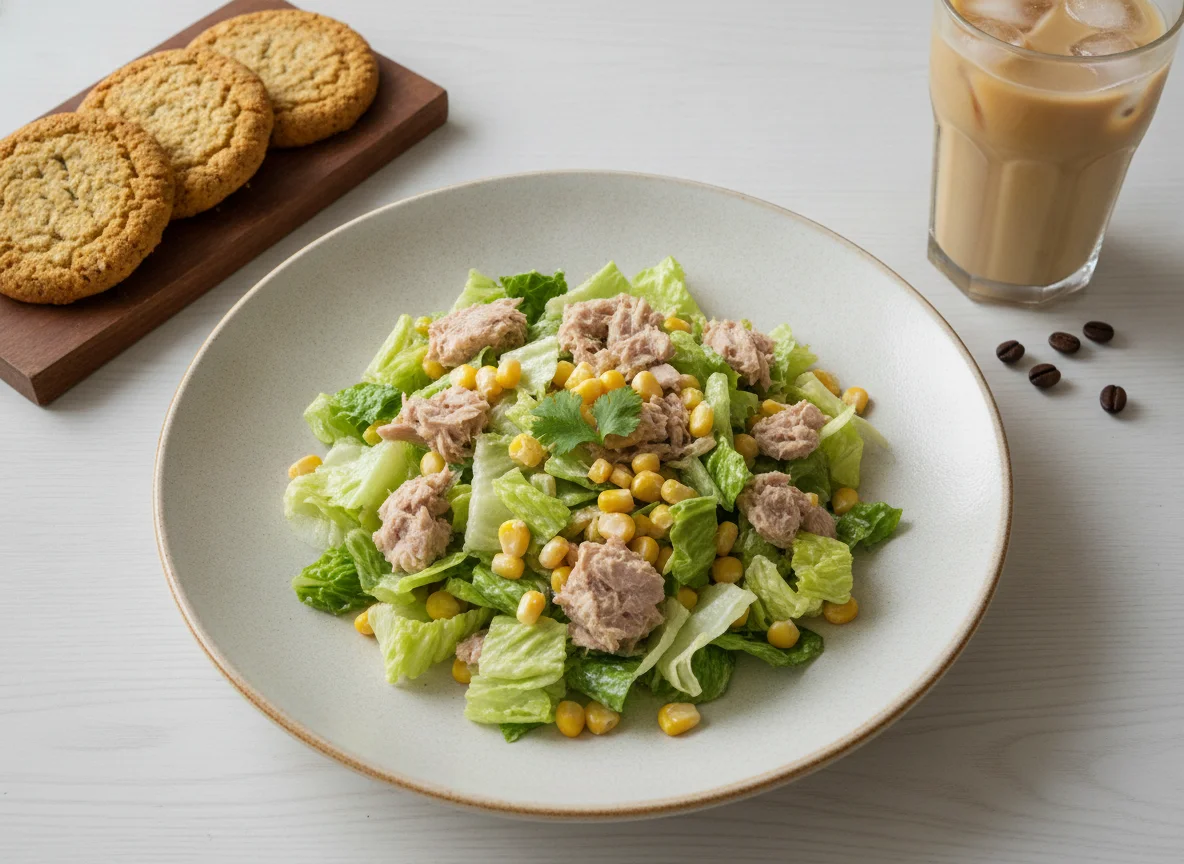 Ensalada de atún con café helado y galletas photo