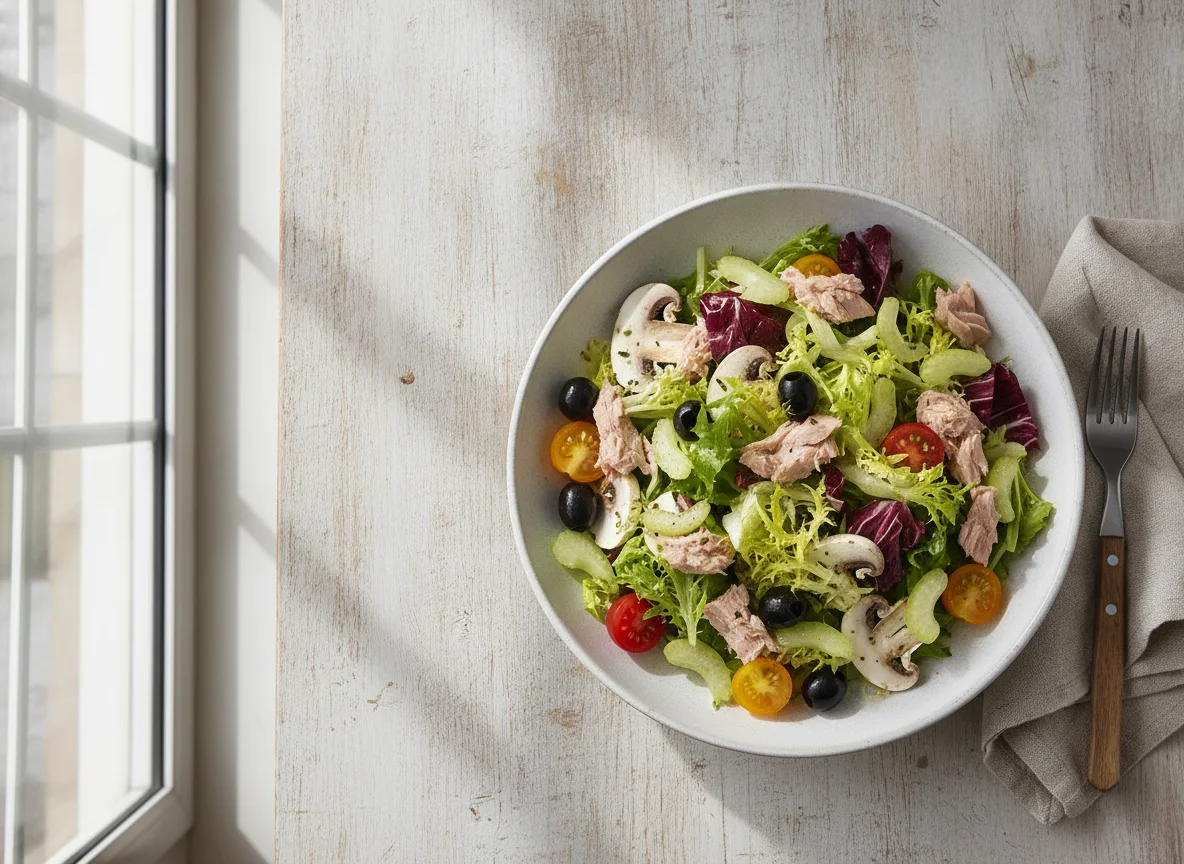 Ensalada de atún con champiñones y aceitunas photo