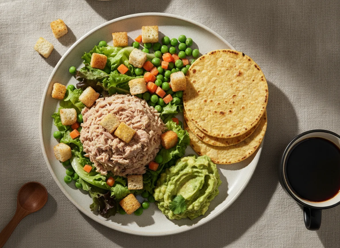 Ensalada de atún con crutones, guacamole y tostadas photo