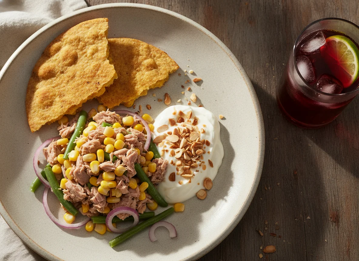Ensalada de atún con elote, tostada y yogurt photo