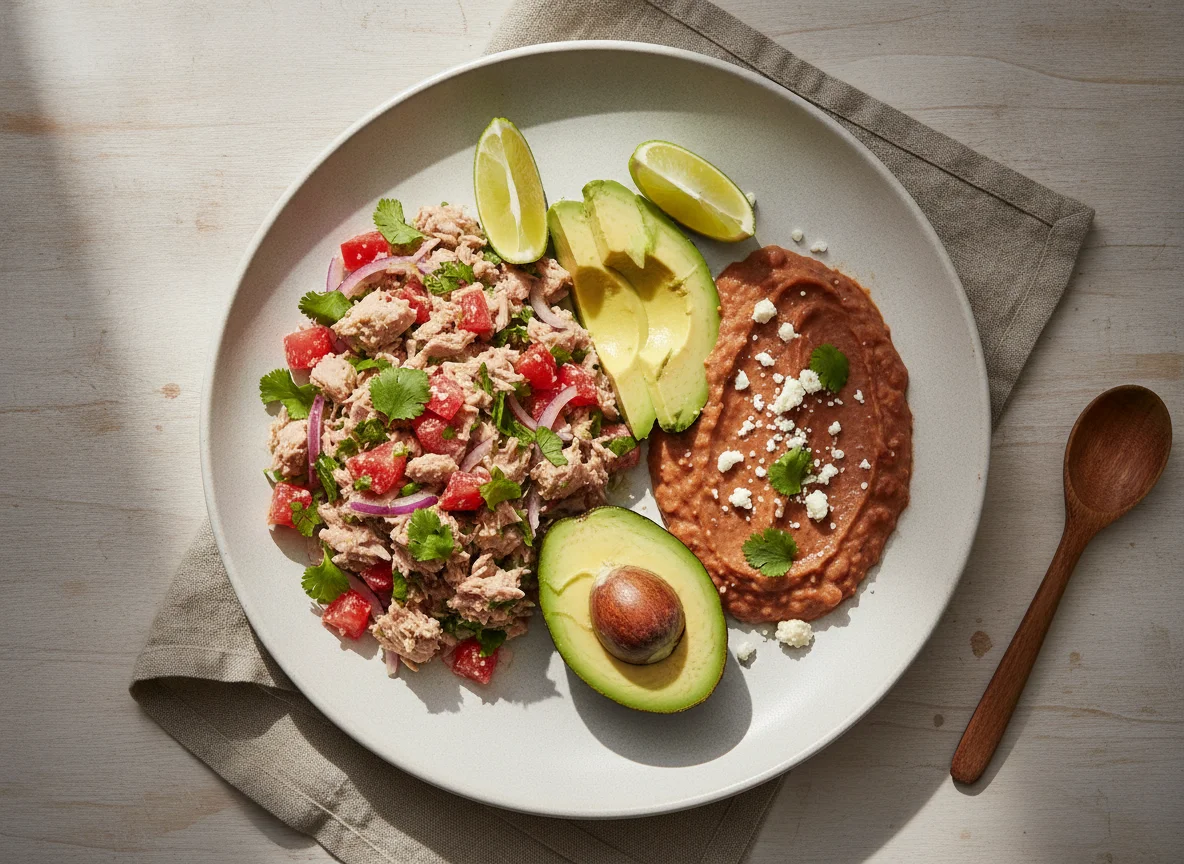 Ensalada de atún con frijoles refritos y aguacate photo