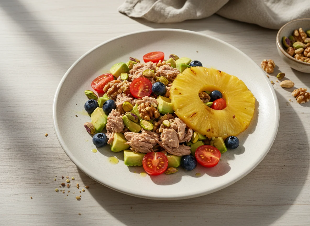 Ensalada de atún con frutos secos y frutas photo