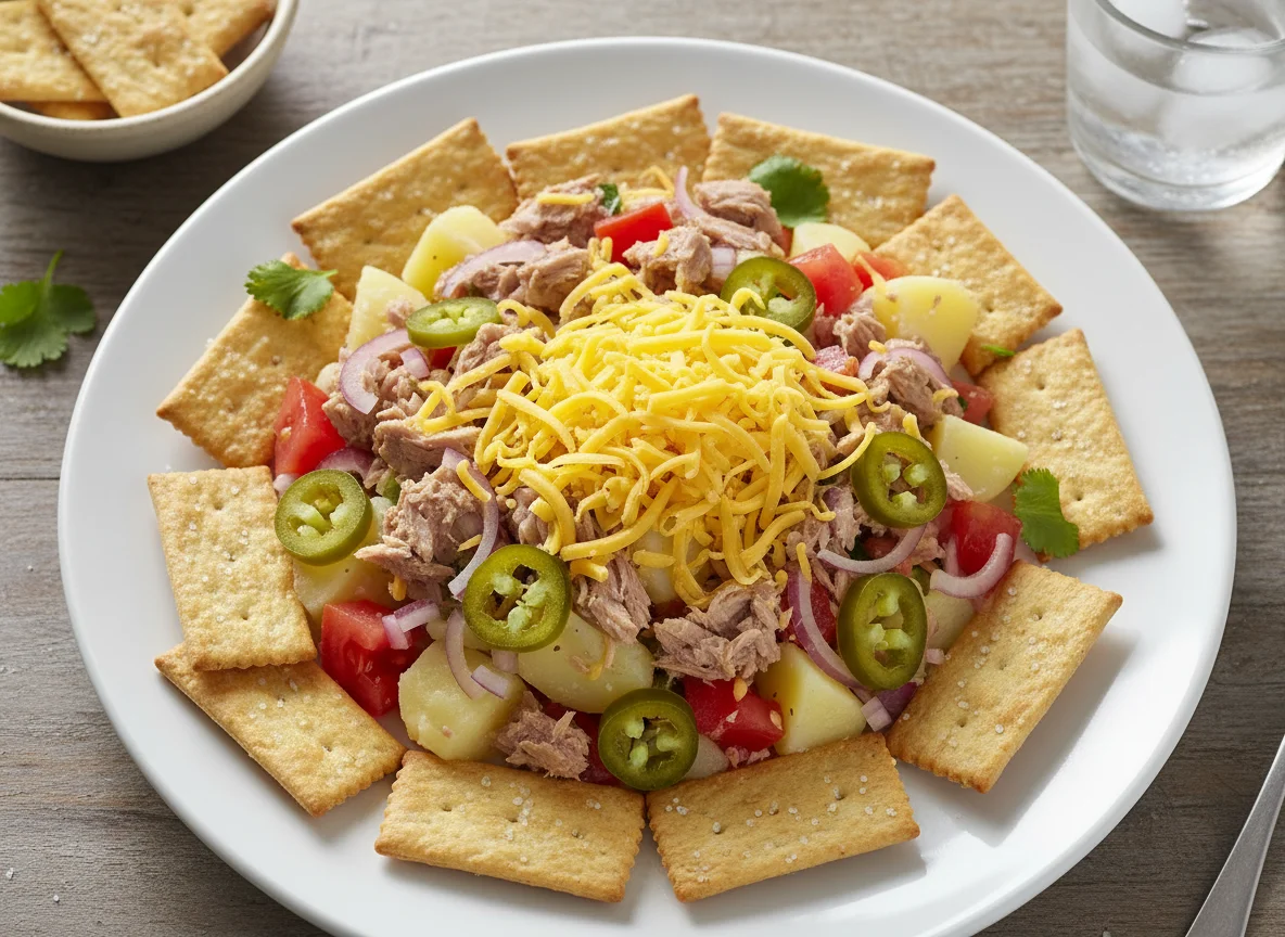 Ensalada de atún con galletas saladas photo