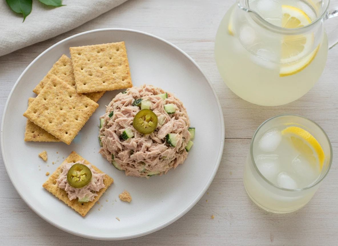 Ensalada de atún con galletas Salmas y limonada photo