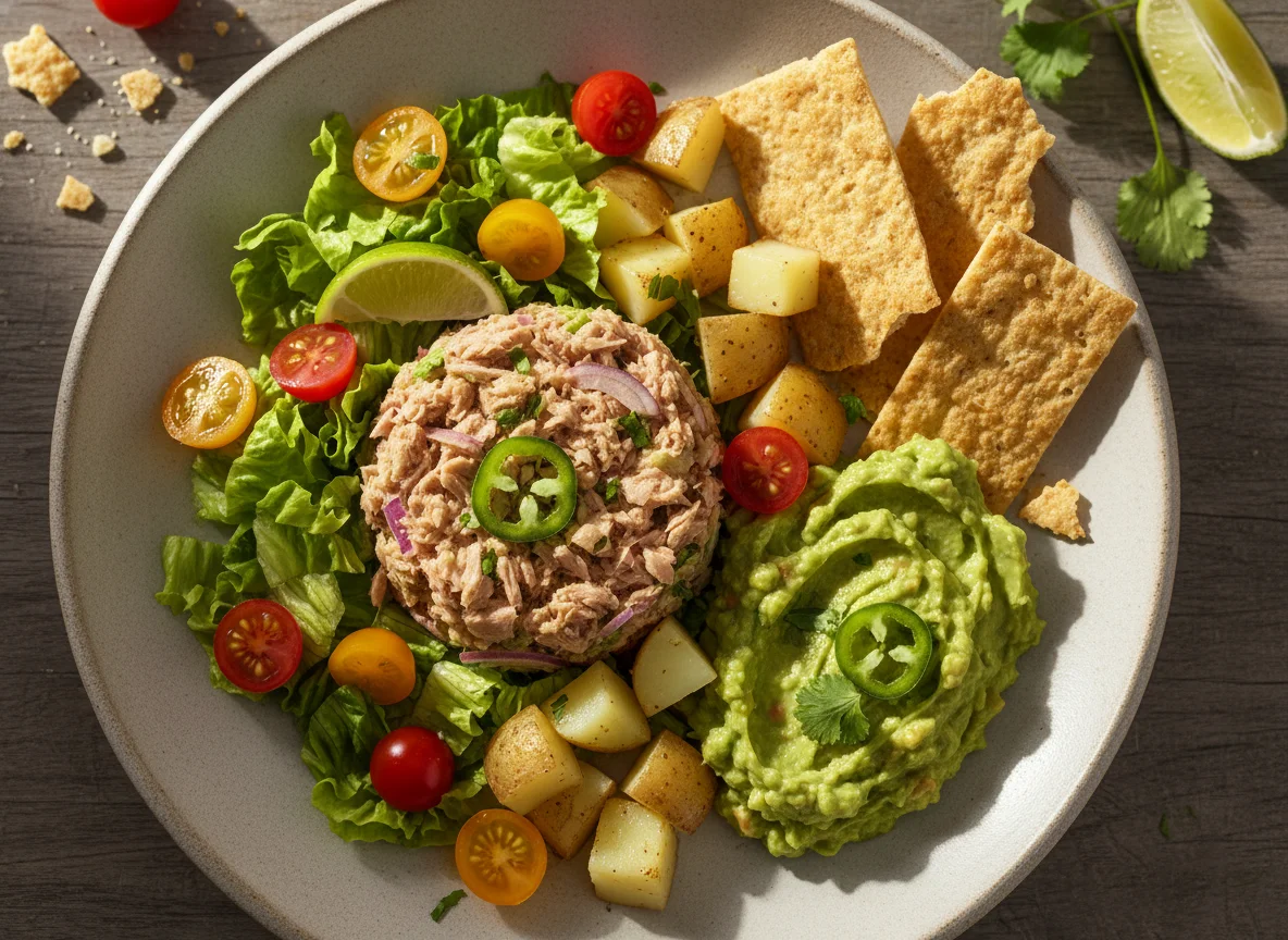 Ensalada de atún con guacamole y galletas de arroz photo