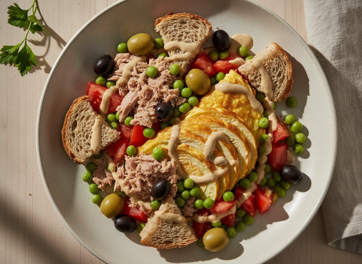 Ensalada de atún con guisantes, aceitunas y pan photo