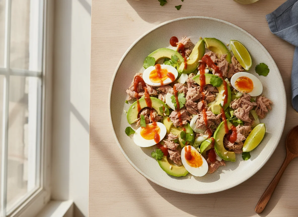 Ensalada de atún con huevo cocido y aguacate photo