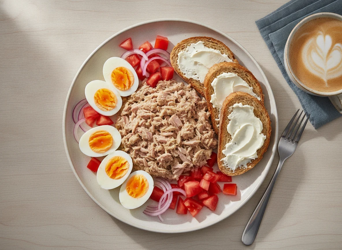 Ensalada de atún con huevo duro y tostada photo