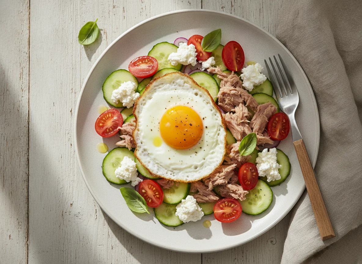 Ensalada de atún con huevo frito y verduras photo