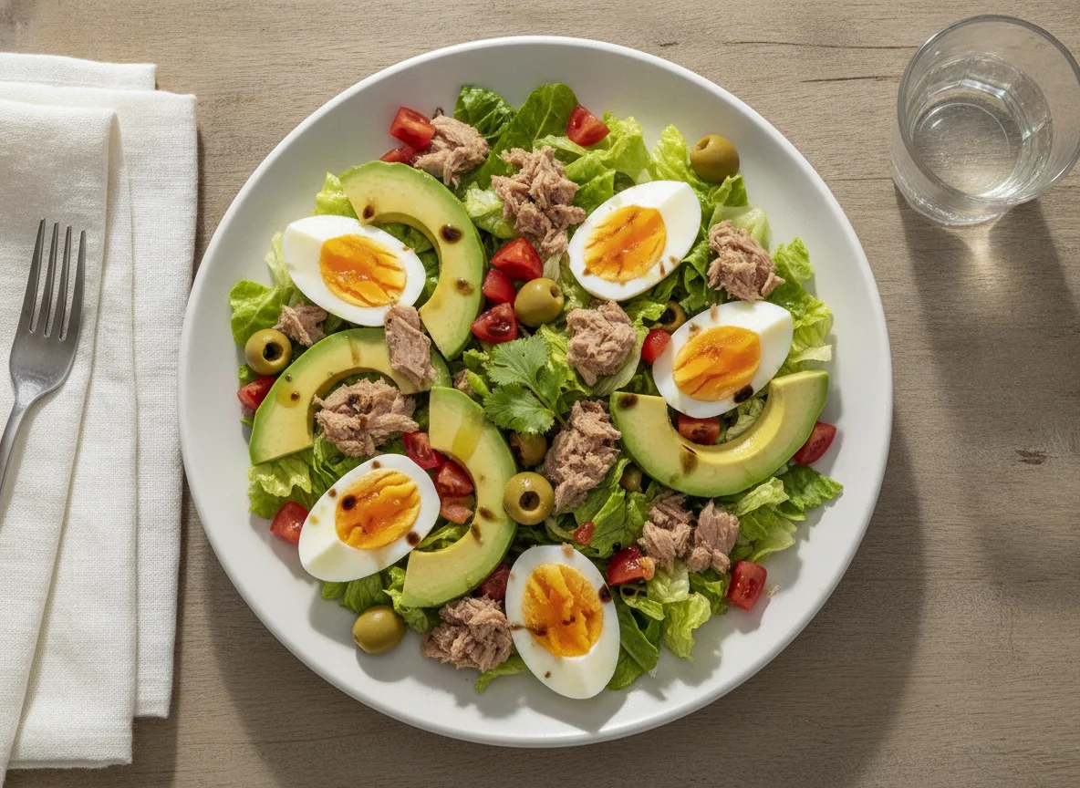 Ensalada de atún con huevo y aguacate photo