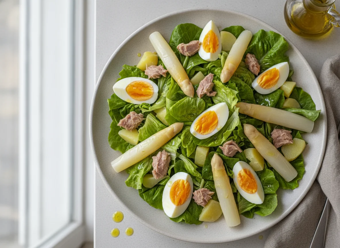 Ensalada de atún con huevo y espárragos photo