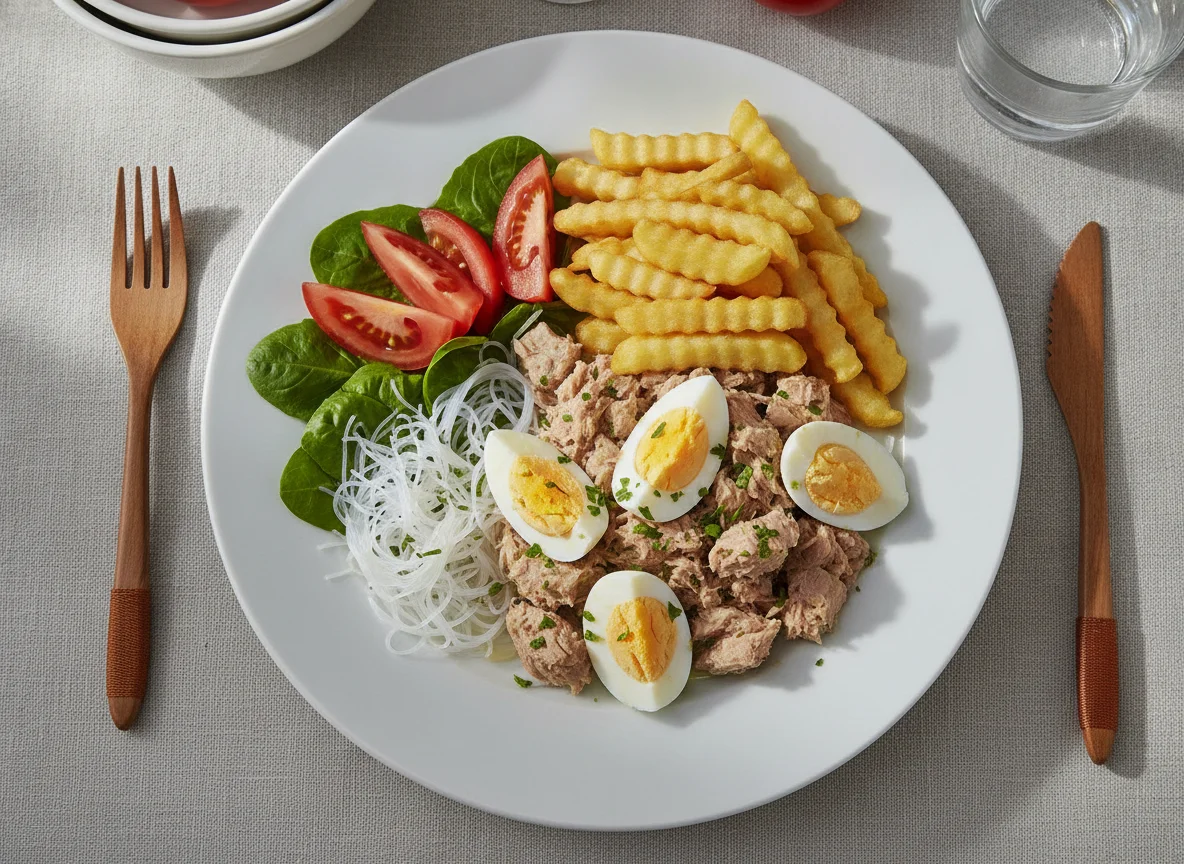 Ensalada de atún con huevo y papas fritas photo