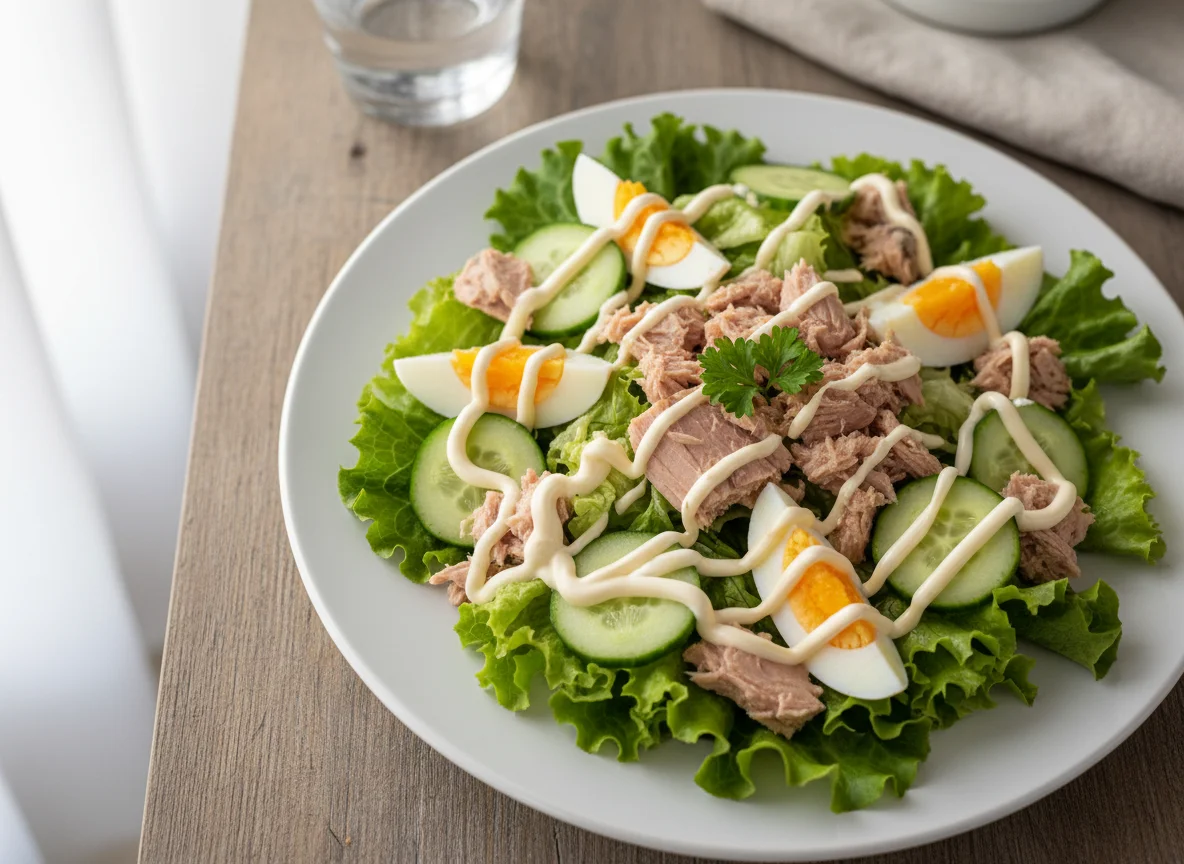 Ensalada de atún con huevo y pepino photo
