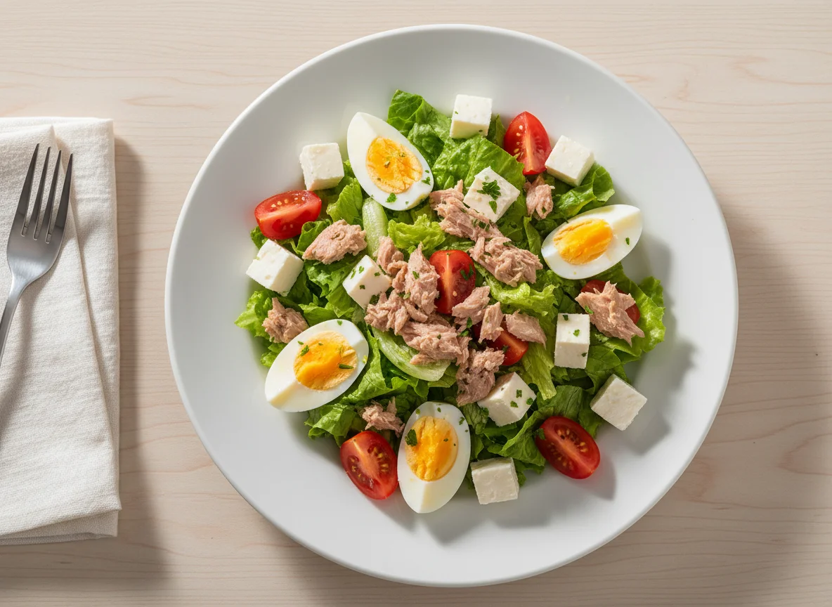 Ensalada de atún con huevo y queso photo