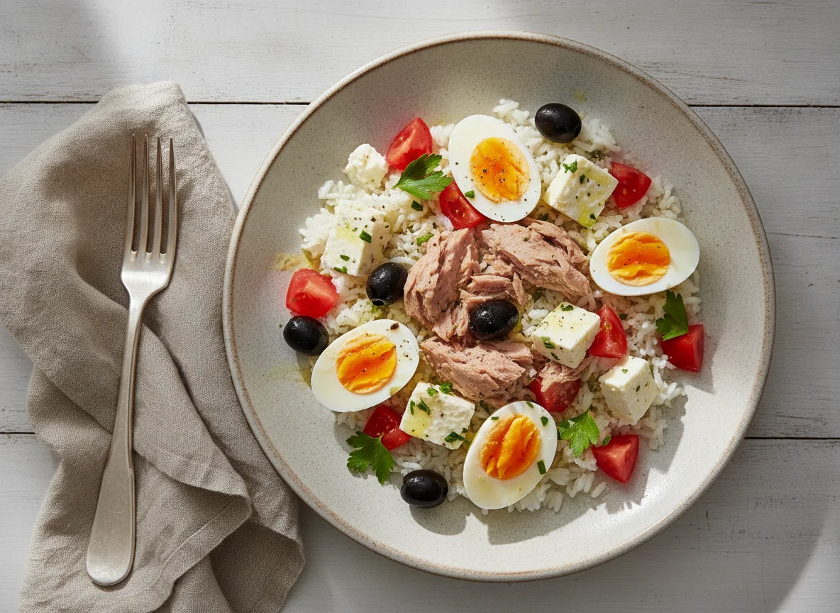 Ensalada de atún con huevo y queso feta photo