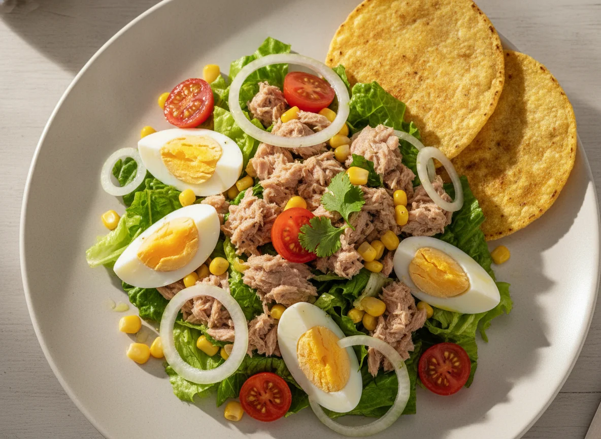 Ensalada de atún con huevo y tostada photo
