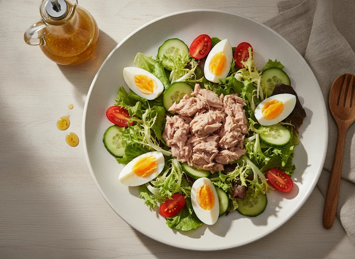 Ensalada de atún con huevo y vegetales photo