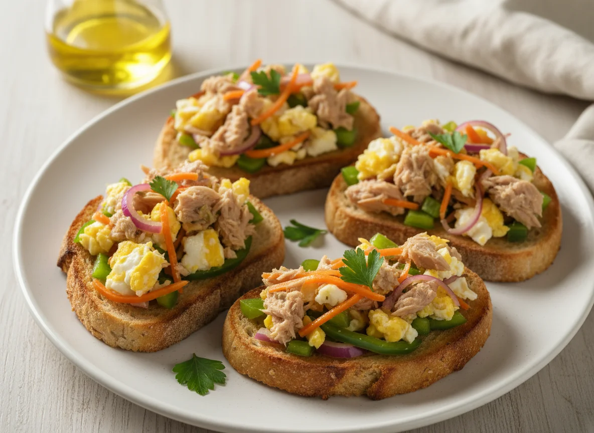 Ensalada de atún con huevo y vegetales sobre tostadas photo