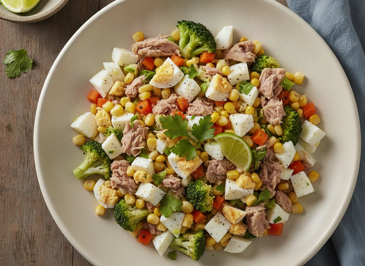 Ensalada de atún con huevo y verduras photo