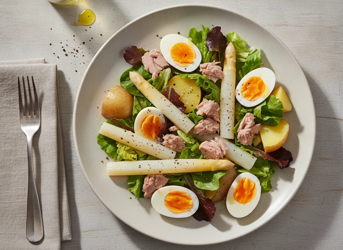 Ensalada de atún con huevos espárragos lechuga y patata photo