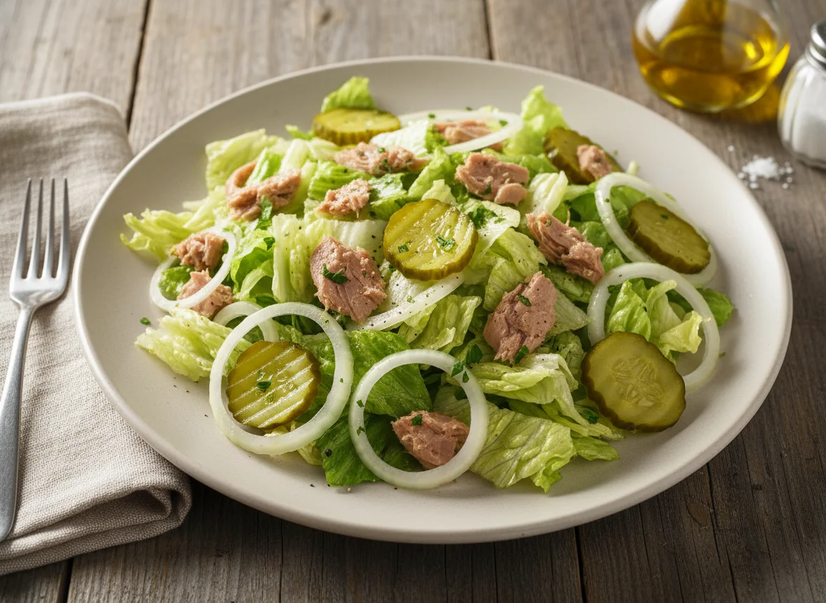 Ensalada de atún con lechuga, cebolla y pepinillos photo