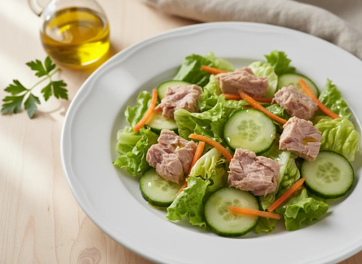 Ensalada de atún con lechuga, zanahoria y pepino photo